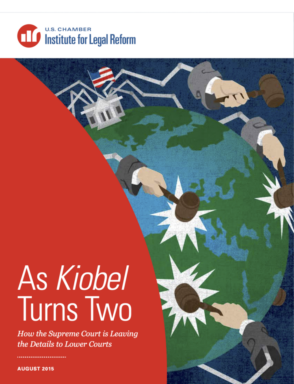 Business people hitting the globe with a wooden gavel: As Kiobel Turns Two