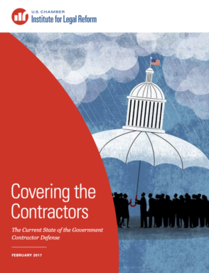 A giant umbrella shaped like the United States Congress building covering a large group of business people: Covering the Contractors