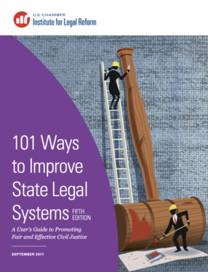 Business man and woman repairing a giant gavel: 101 Ways to Improve State Legal System