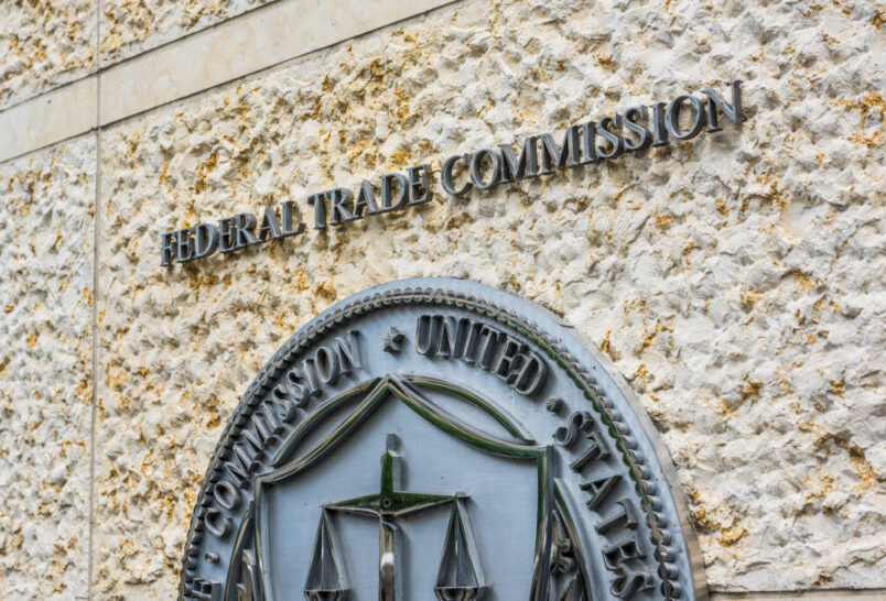 Federal Trade Commission seal, sign and logo in downtown