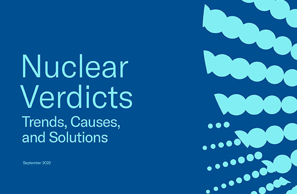 Podcast cover ILR's research paper "Nuclear Verdicts: Trends, Causes, and Solutions"