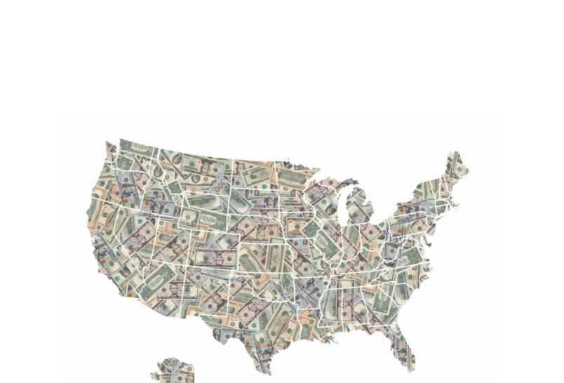map of USA made of dollar bills