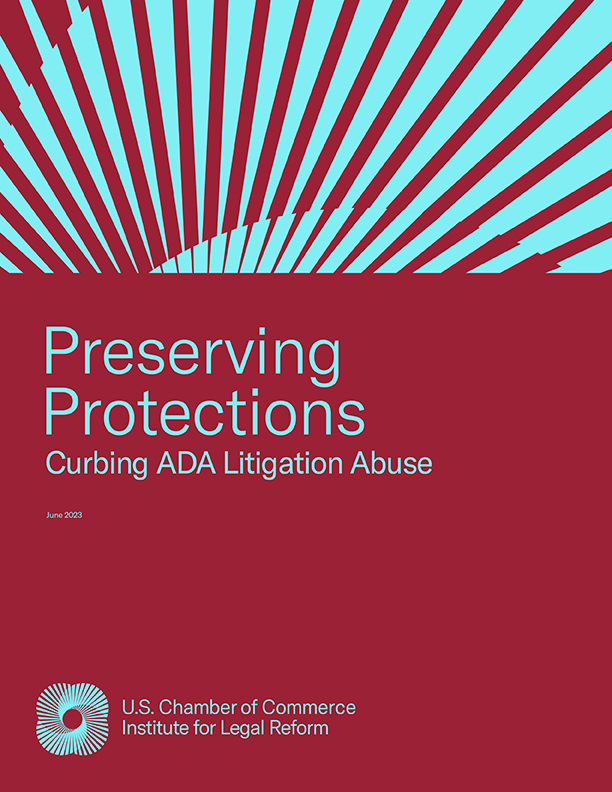 Blue lettering on red background: Preserving Protections: Curbing ADA Litigation Abuse. Image is the cover thumbnail for ILR's research of the same name.