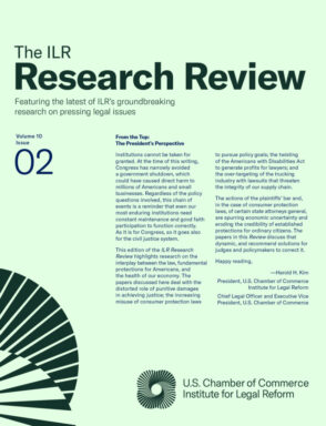 The cover of ILR Research Review Vol. 10, Issue 2. Dark green text on a light green background. Text includes the research review title and an introductory statement outlining the topics addressed in the Review: punitive damages, state unfair and deceptive acts and practices laws, litigation against trucking firms, and the co-opting of the ADA by plaintiffs' firms.