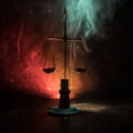 Justice scale with dark toned foggy background. Justice concept. Scale is symbol of justice