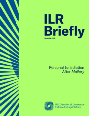 Cover image for ILR Briefly: Personal Jurisdiction After Mallory. Dark blue text and graphic language over grass green background.