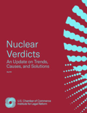 Cover image for ILR's 2024 Nuclear Verdicts study. Background is deep red, with a light blue half-wheel design appearing from the right margin.
