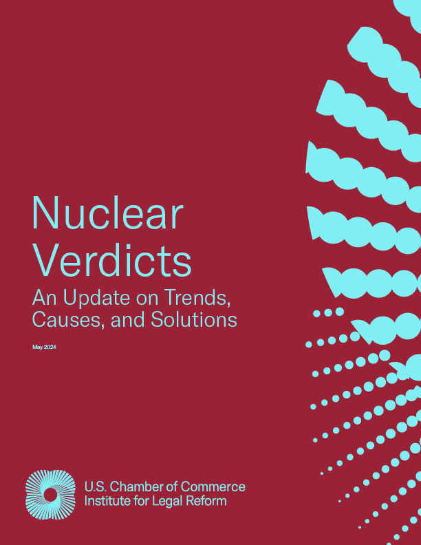 Cover image for ILR's 2024 Nuclear Verdicts study. Background is deep red, with a light blue half-wheel design appearing from the right margin.