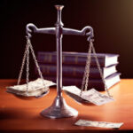 scales of justice are weighted with banknotes