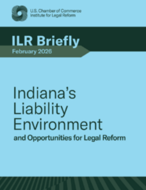 Over image for ILR's 2026 report on Indiana's Liability Environment. Light blue background, green bands at top and bottom, title at center.