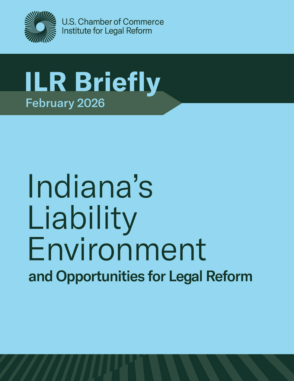 Over image for ILR's 2026 report on Indiana's Liability Environment. Light blue background, green bands at top and bottom, title at center.
