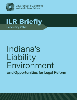 Over image for ILR's 2026 report on Indiana's Liability Environment. Light blue background, green bands at top and bottom, title at center.